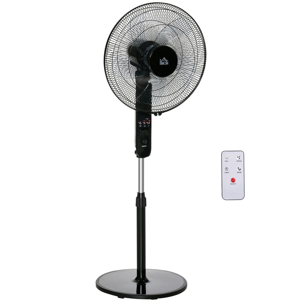 HOMCOM Standventilator mit Fernbedienung, Ventilator, Höhenverstellbarer Lüfter, 3 Geschwindigkeitsstufen, Verstellbarer Neigungswinkel, Metall, Schwarz, Ø44,5 x H110-124 cm