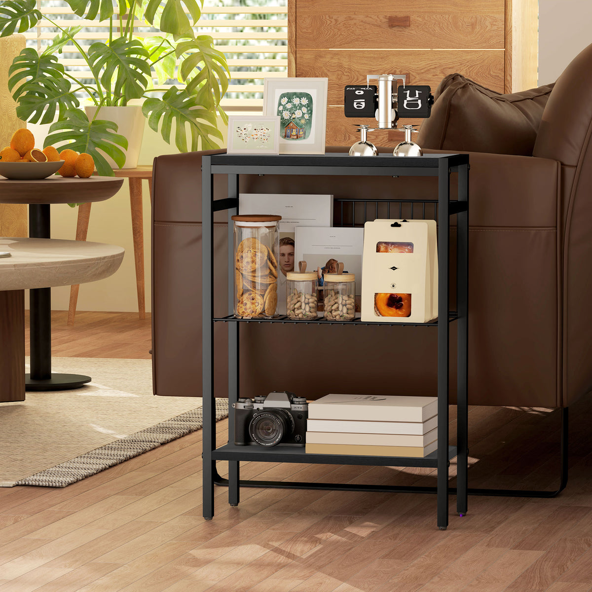 HOMCOM Beistelltisch, 3-stufiges Design, Regale in Holzoptik, Stahlrahmen, Schwarz