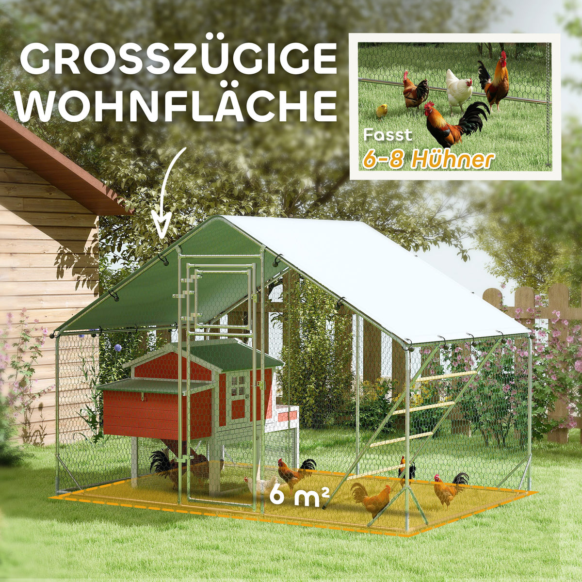 PawHut Hühnerstall, Freilaufgehege für Hühner, mit UV-beständiger Plane, Stahlgitter, Futterautomat, für 6-8 Hühner