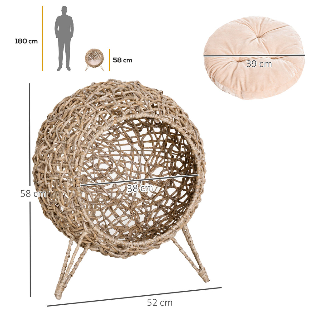 PawHut Katzenhaus aus Rattan mit Kissen Katzenschlafplatz Katzenhöhle mit erhöhten Füßen Natur Ø52 x 58 cm