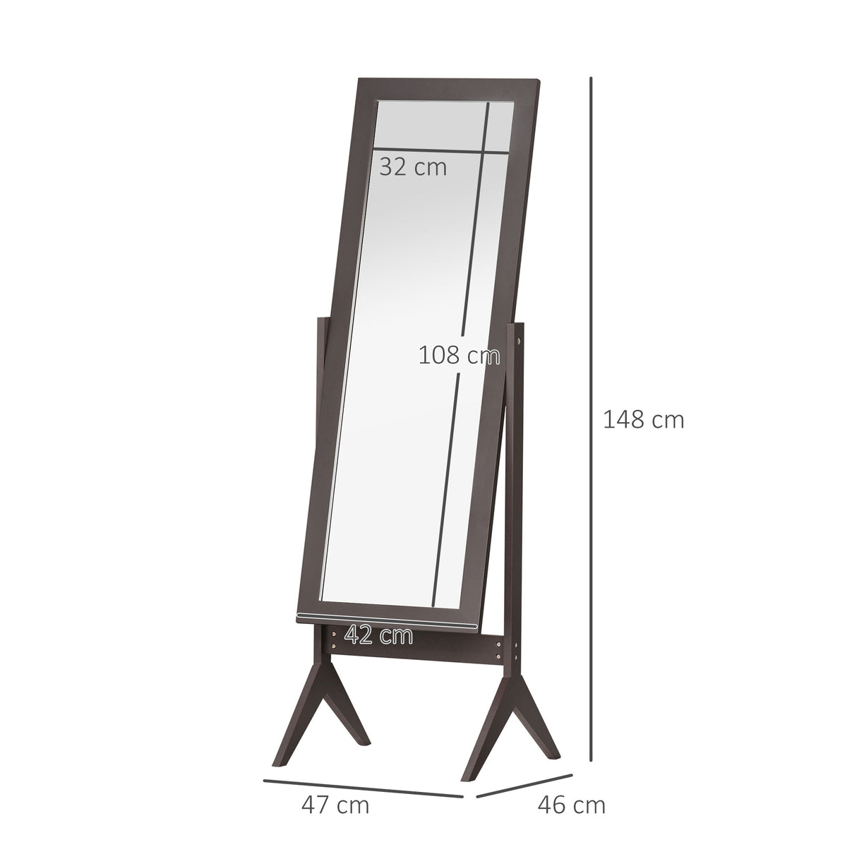 HOMCOM Standspiegel Ganzkörperspiegel Schminkspiegel Erhöhte Füße Pflegeleicht MDF Kaffee 47 x 46 x 148 cm