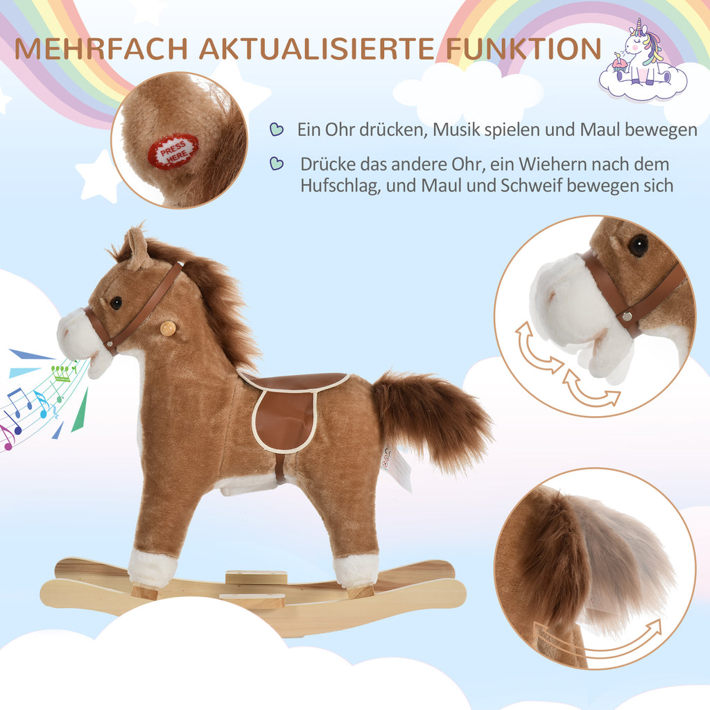 HOMCOM Kinder Schaukelpferd Baby Schaukeltier Pferd mit Tiergeräusche Spielzeug Haltegriffe für 36-72 Monate Plüsch Braun 65 x 32,5 x 61 cm