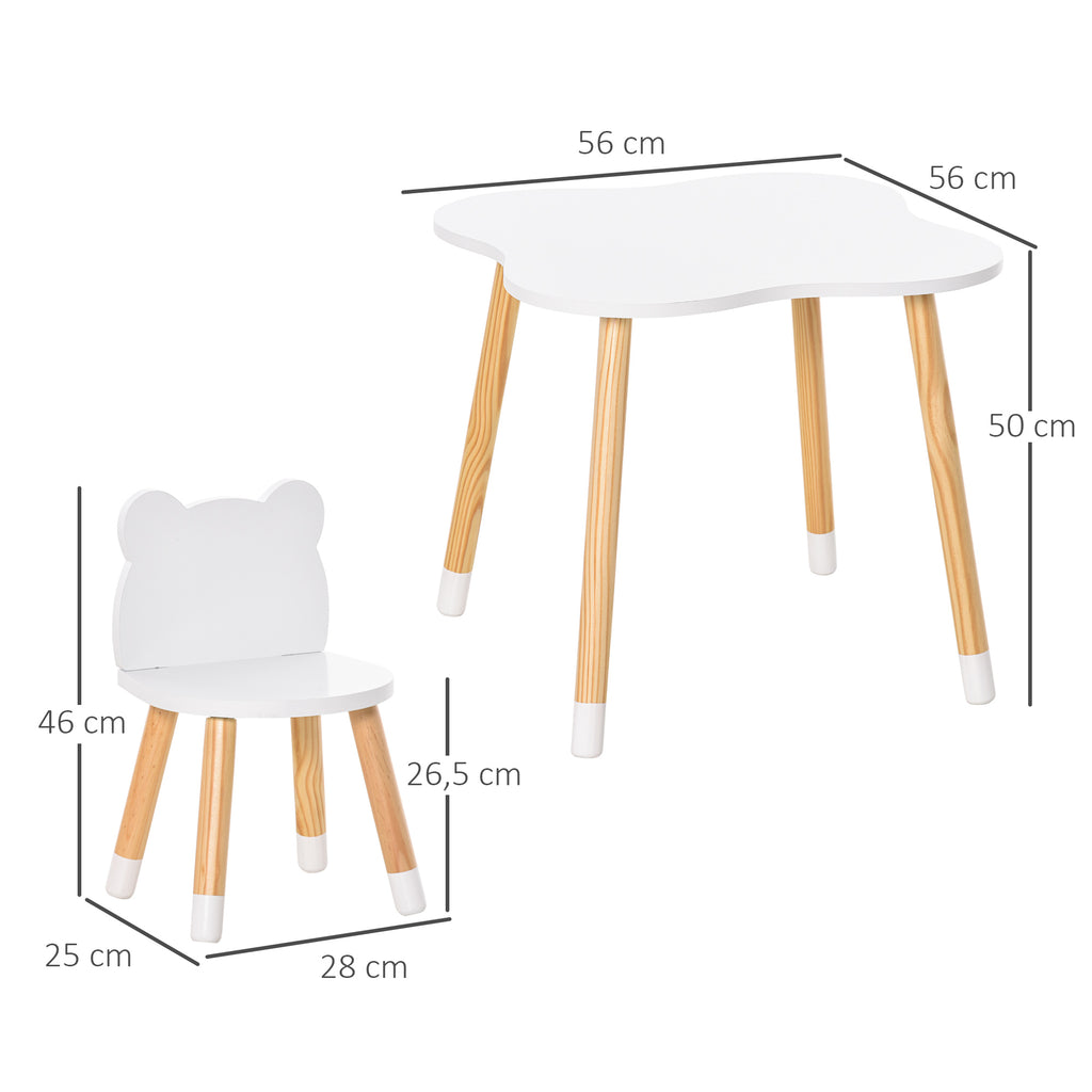 HOMCOM 3-teiliges Kindertisch-Set bogenförmige Kindersitzgruppe Tisch mit 2 Stühlen MDF Tischbeine aus Kiefernholz Weiß+Naturholz 56 x 56 x 50 cm