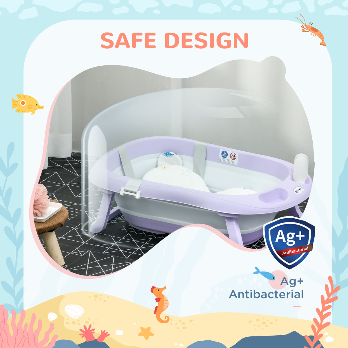 ZONEKIZ Faltbare Babybadewanne für Kinder von 0-6 Jahren mit Kissen und 2 Regalen, 83x48x23,5 cm, Lila und Weiß