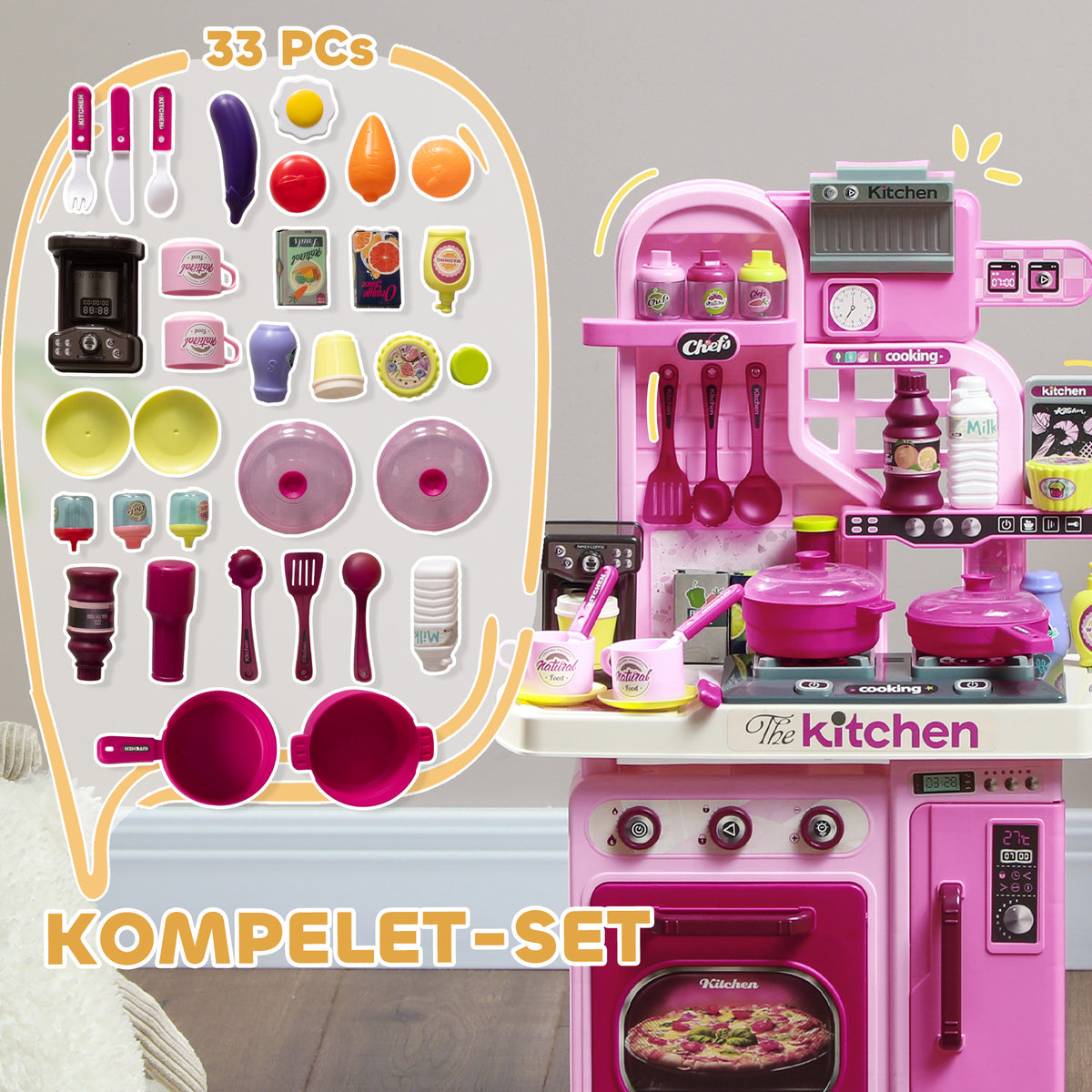 AIYAPLAY Spielküche, 33-teiliges Set, Licht- & Soundeffekte, für Kinder 3-6 Jahre, Pink