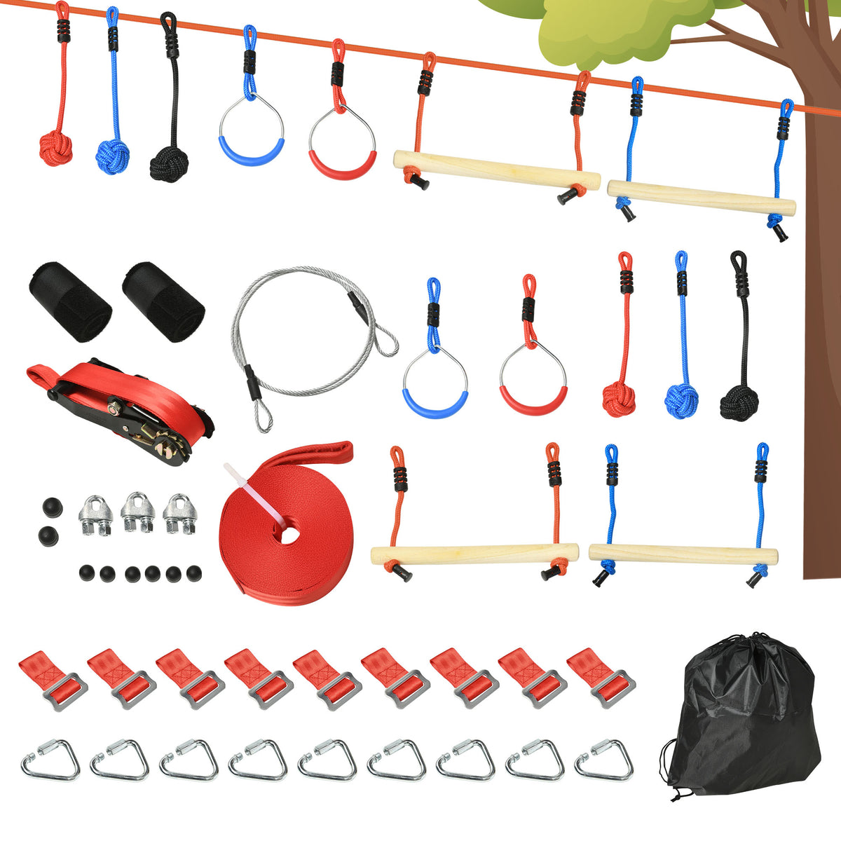 Outsunny Ninja Kletterset, Slackline, 30-teilig, 10 m Seil, für Kinder 3-6 Jahren