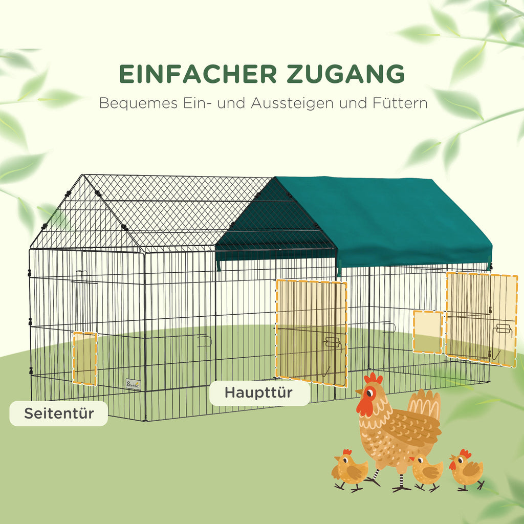 PawHut Kleintiergehege mit Dach, 4 Türen, wetterfest, Stahl/Polyester, 220x85x103cm, Grün/Schwarz
