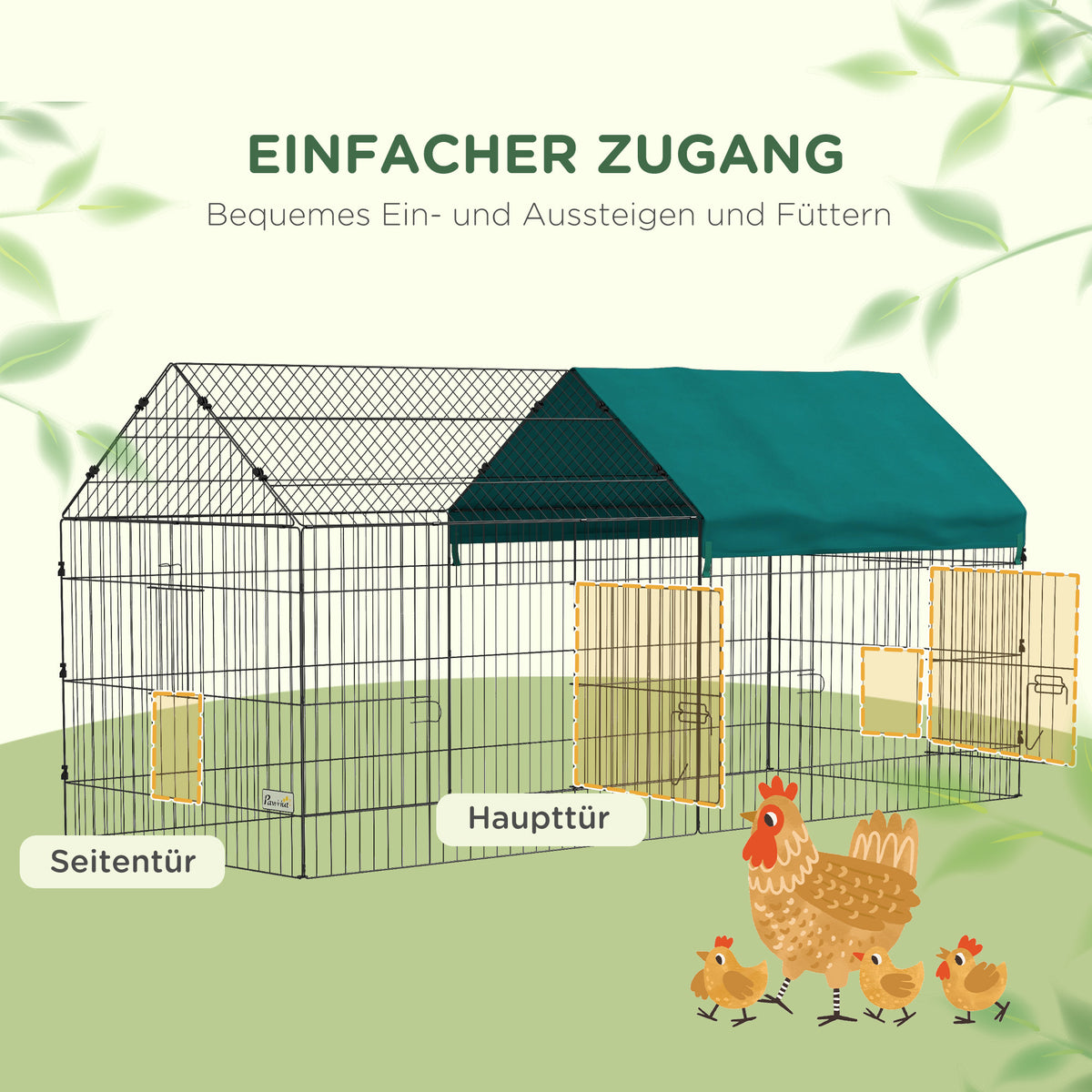 PawHut Kleintiergehege mit Dach, 4 Türen, wetterfest, Stahl/Polyester, 220x85x103cm, Grün/Schwarz
