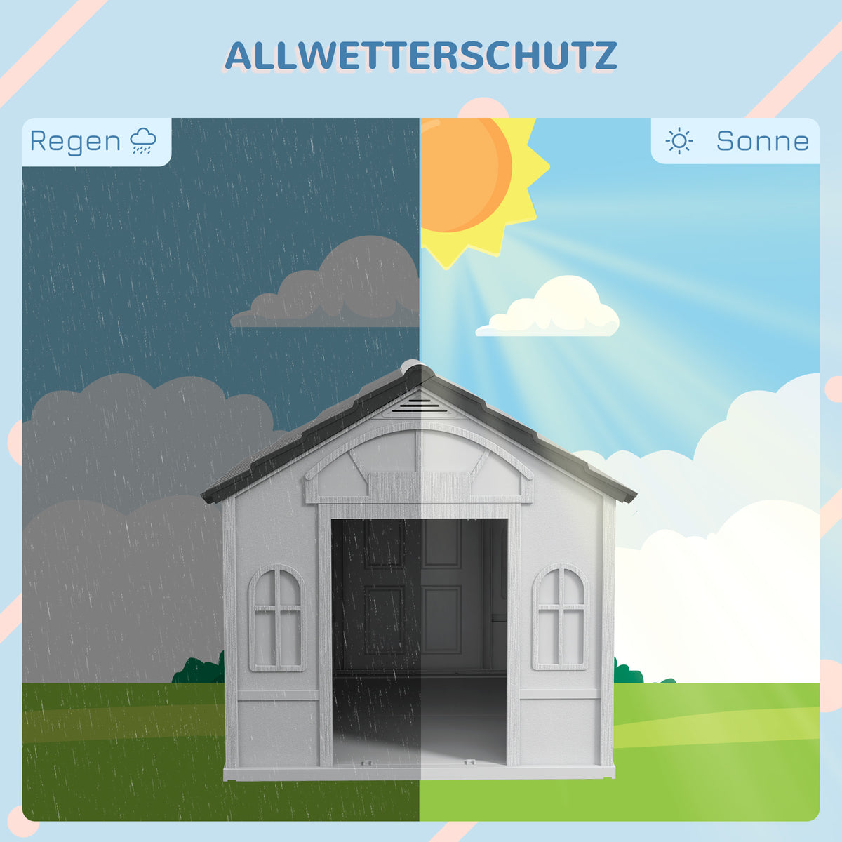 PawHut Hundehütte mit Satteldach, wetterfest, Kunststoff, 65 x 75,7 x 63 cm, Grau