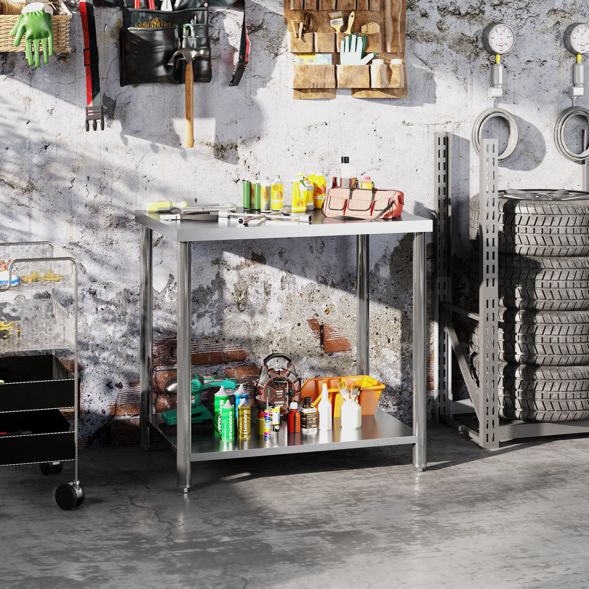HOMCOM Arbeitstisch aus Edelstahl, 2 Regale, für Küche, Garage, Garten, 90 x 60 x 86 cm, silber