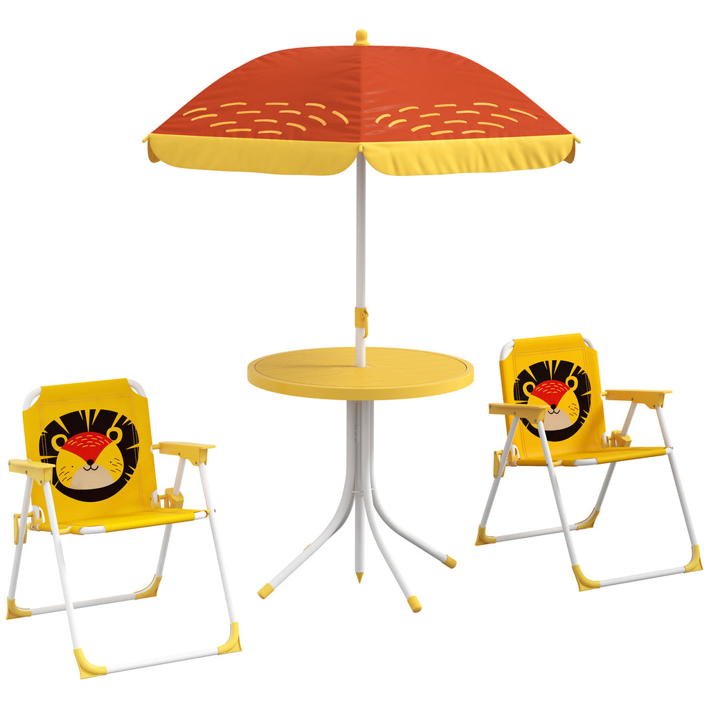 Outsunny Gartenmöbelset für Kinder, 4-teilig, Löwenmotiv mit verstellbarem Sonnenschirm Ø 100 cm, klappbarer Stuhl, Gelb