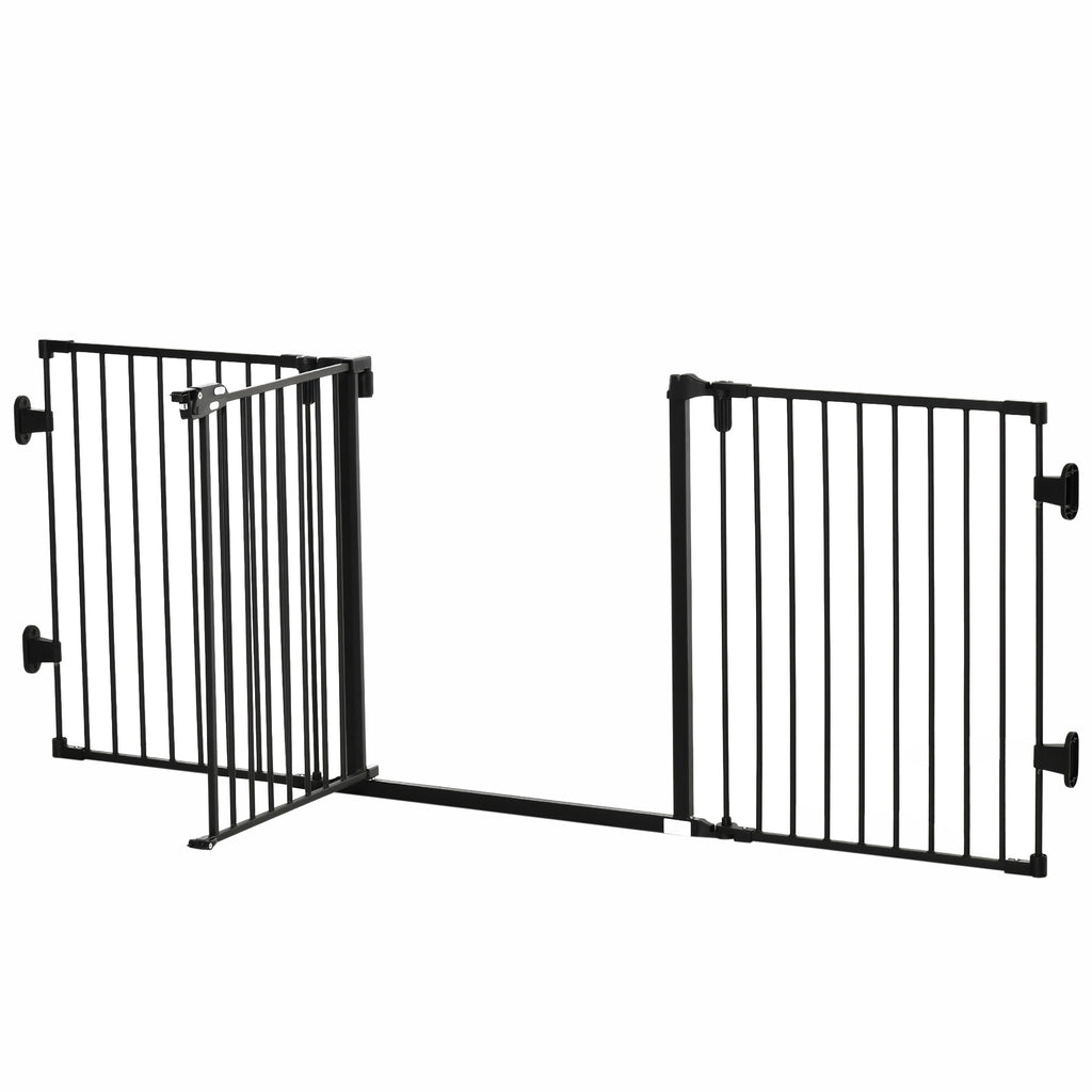 PawHut Hunde Absperrgitter Türschutzgitter Haustierschutzgitter verstellbar klappbar Kamingitter mit automatische schließenden Tür 3 Paneele für Ofen Wandmontage/Freistehend Schwarz 202,5 x 76 cm