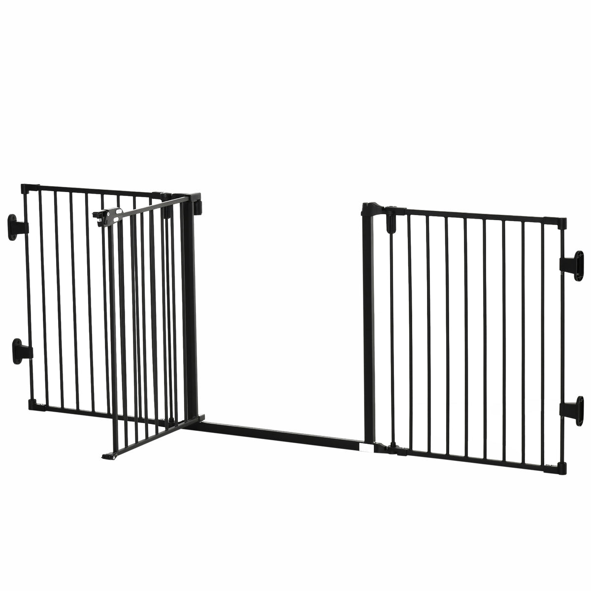 PawHut Hunde Absperrgitter Türschutzgitter Haustierschutzgitter verstellbar klappbar Kamingitter mit automatische schließenden Tür 3 Paneele für Ofen Wandmontage/Freistehend Schwarz 202,5 x 76 cm