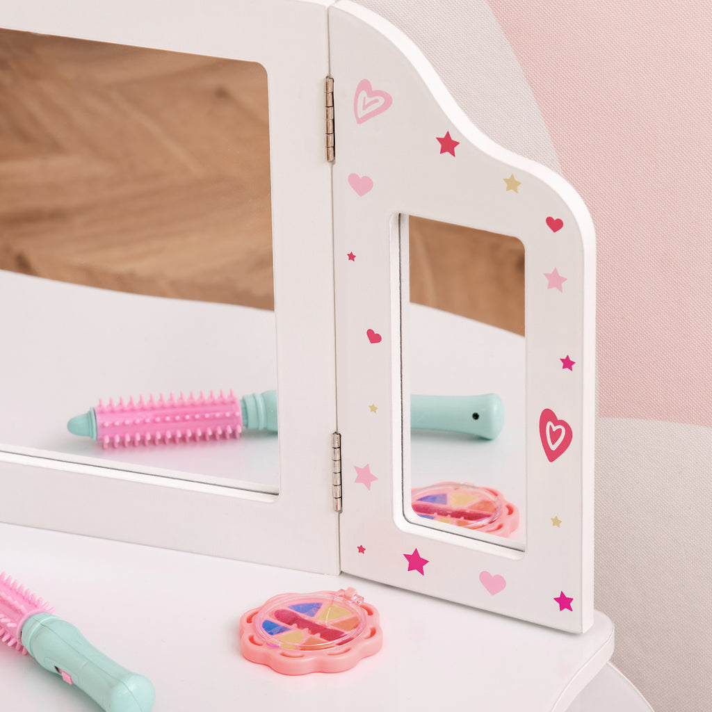HOMCOM Kinderschminktisch mit Hocker Frisiertisch Frisierkommode mit Schublade Spiegel für Mädchen Akryl Rosa+Weiß 63 x 40 x 85,5 cm
