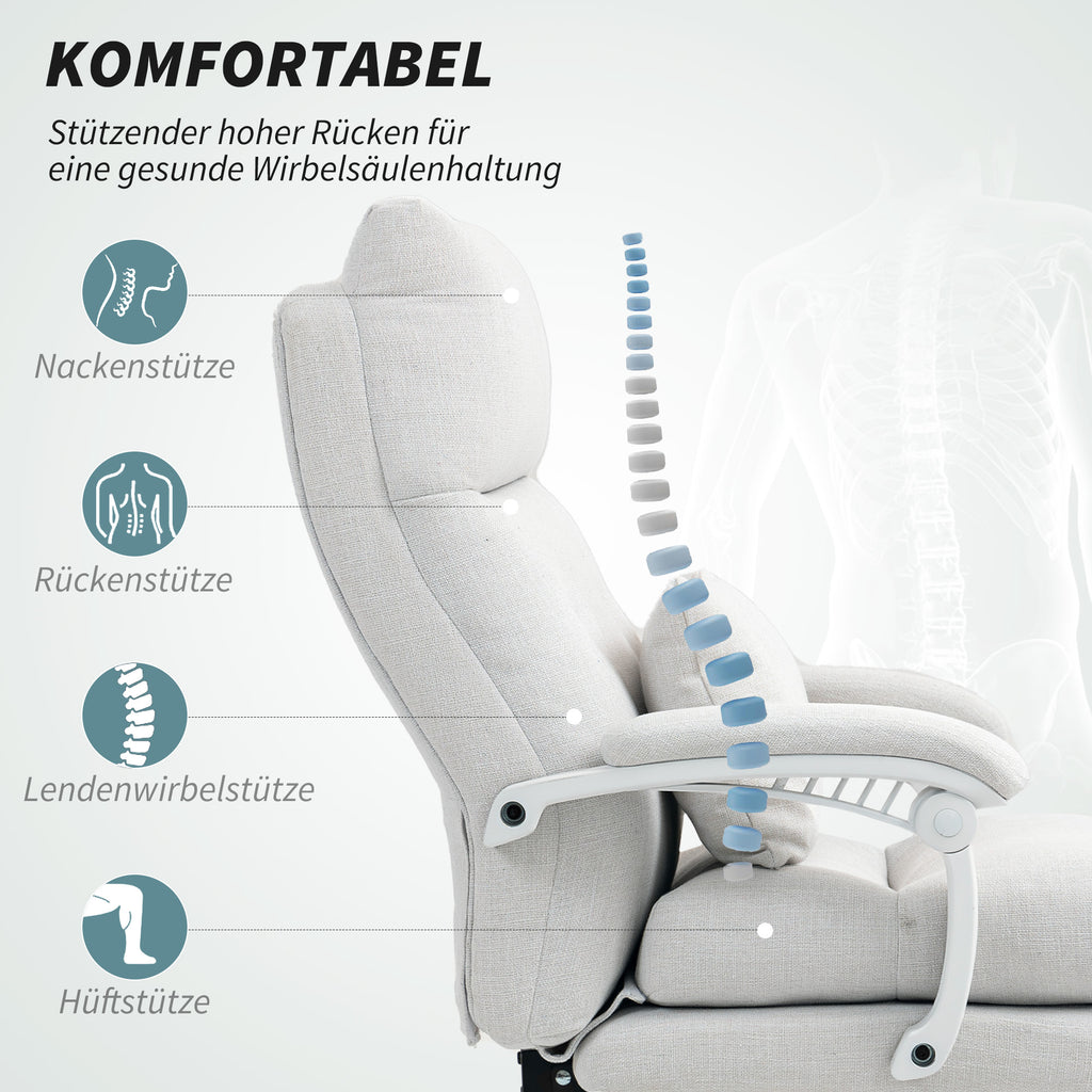 HOMCOM Rollsessel, Leinenoptik, höhenverstellbar, 160 Grad neigbar, Fußstütze, Cremeweiß
