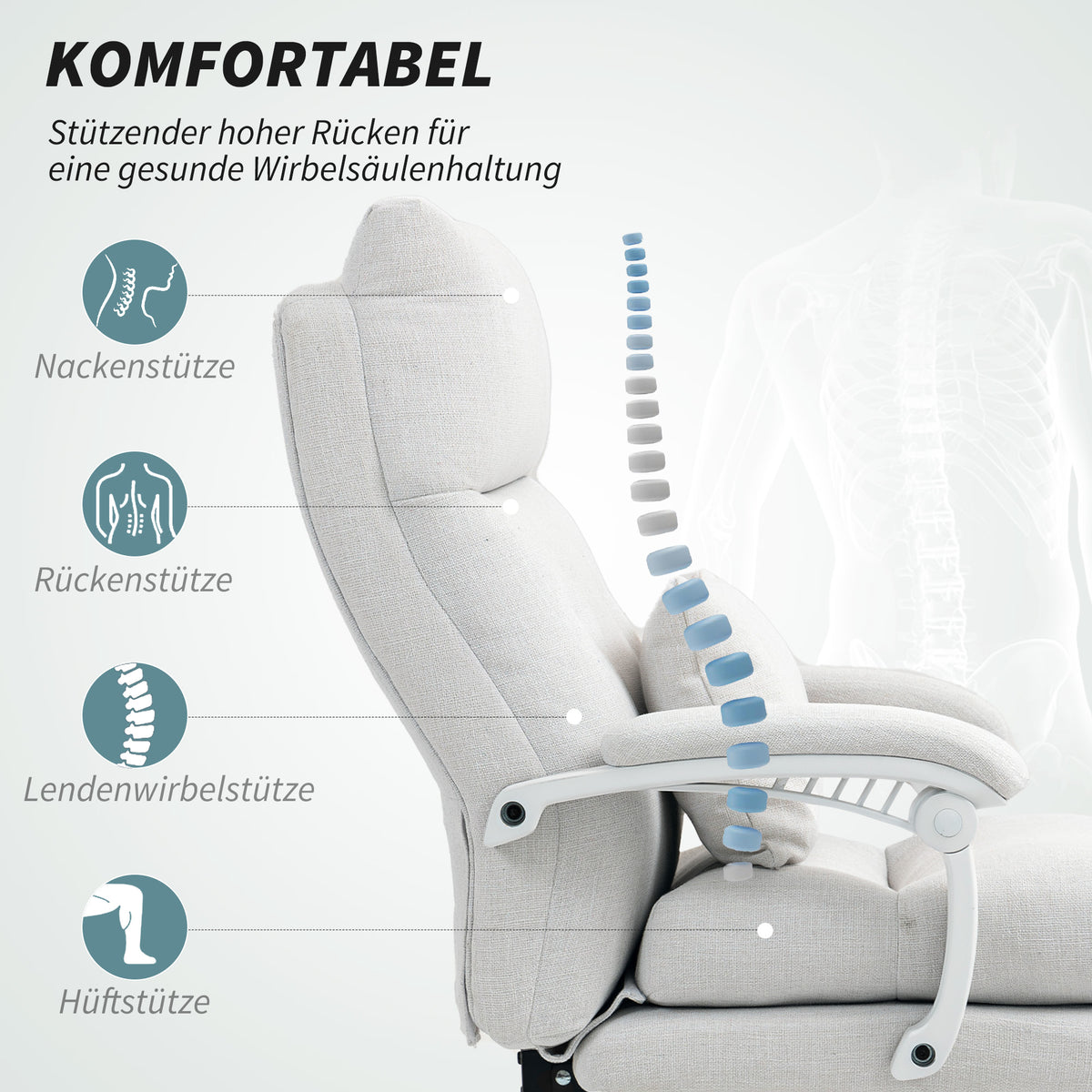 HOMCOM Rollsessel, Leinenoptik, höhenverstellbar, 160 Grad neigbar, Fußstütze, Cremeweiß