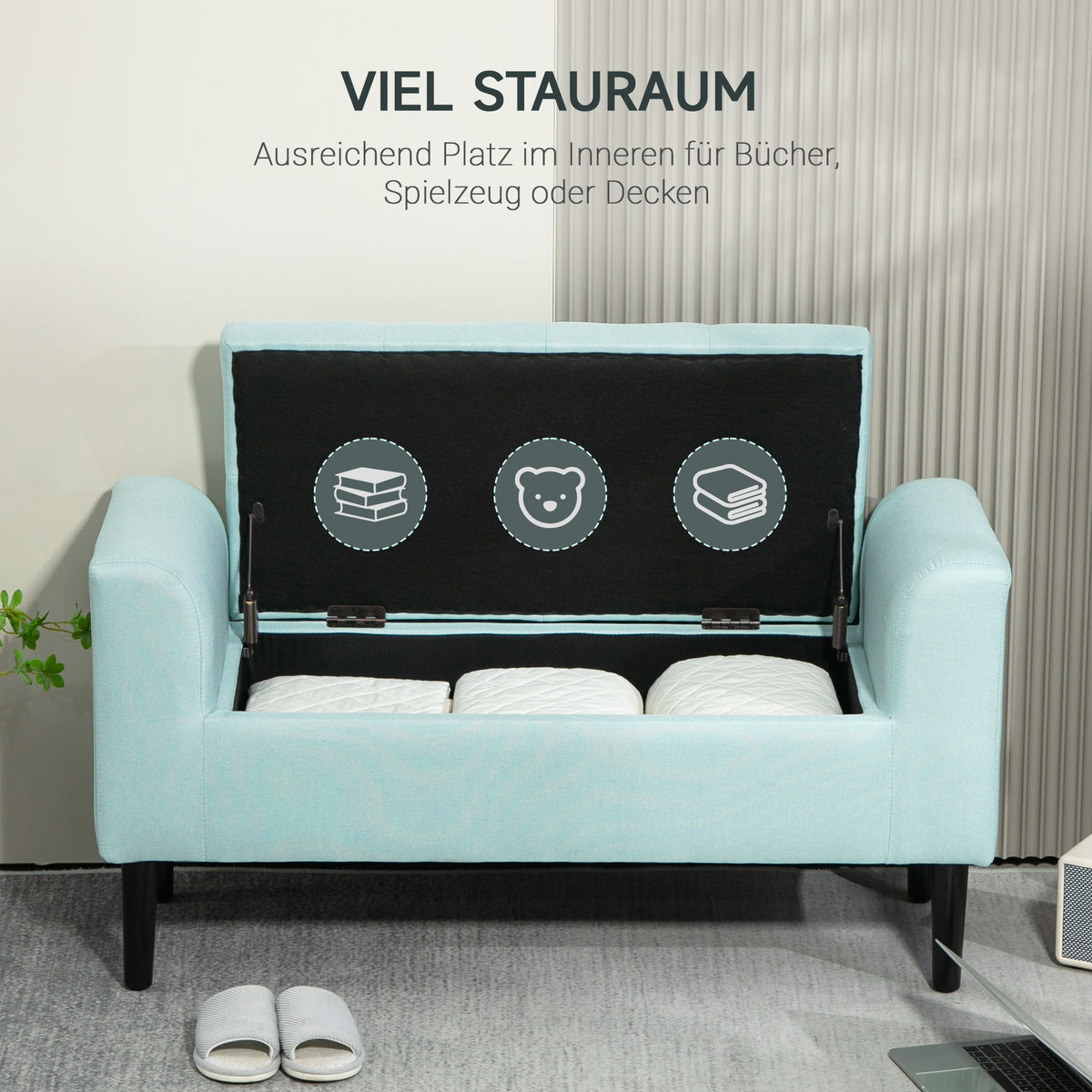 HOMCOM Sitzbank, Polsterbank mit Stauraum, leinenartiges Polyester, Kautschukholz, 100 x 40 x 44 cm, Grün