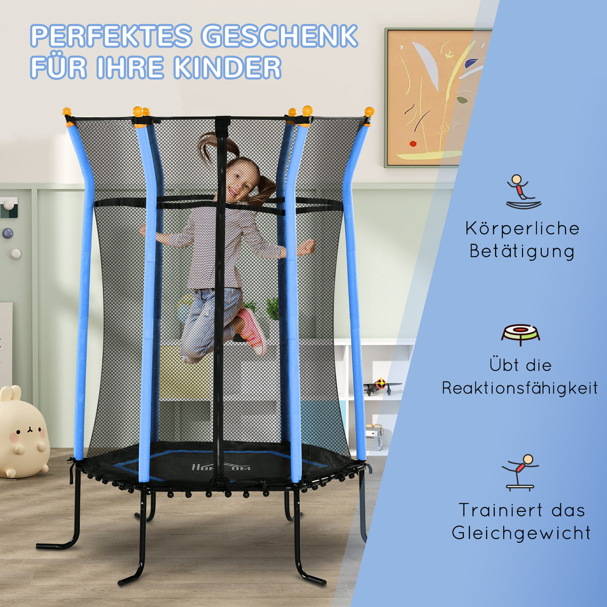 HOMCOM Trampolin für Kinder, Ø163,5 cm, mit Sicherheitsnetz, gepolstert, Stahl, belastbar bis 50 kg, Schwarz & Blau