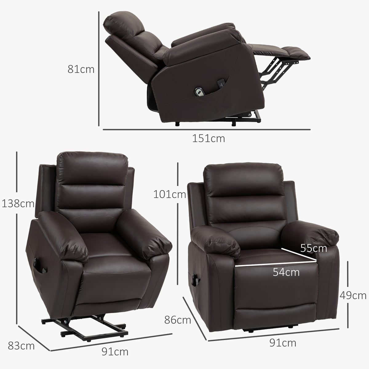 HOMCOM Elektrischer Aufstehmassagestuhl mit Massagefunktion, einstellbarer Neigung, 8 Modi, verstellbare Fußstütze PU, 2 Fernbedienungen