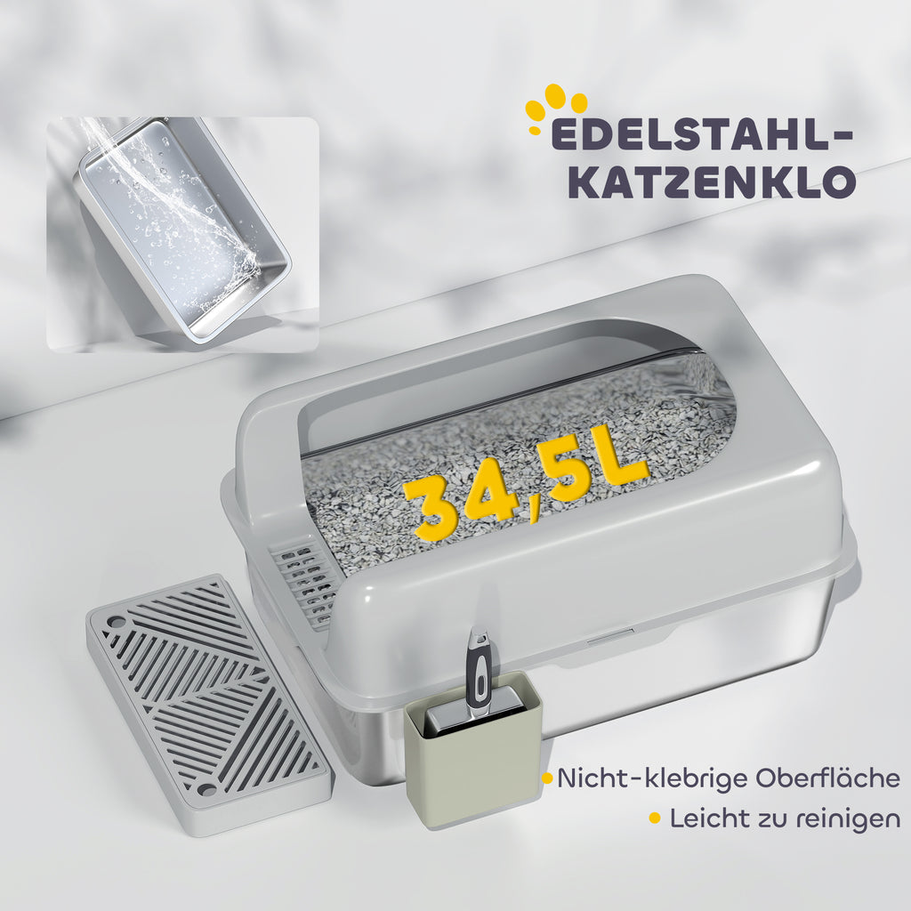 PawHut Katzentoilette, Katzenklo, Edelstahl, hohe Wände, Aufbewahrungsbox, Hellgrau