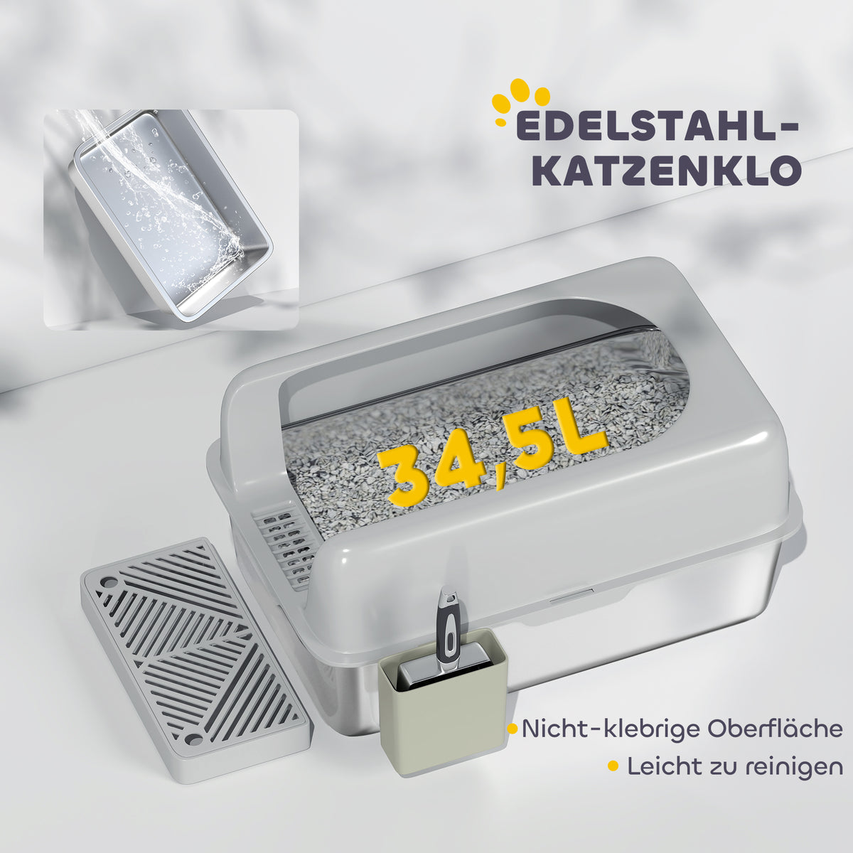 PawHut Katzentoilette, Katzenklo, Edelstahl, hohe Wände, Aufbewahrungsbox, Hellgrau