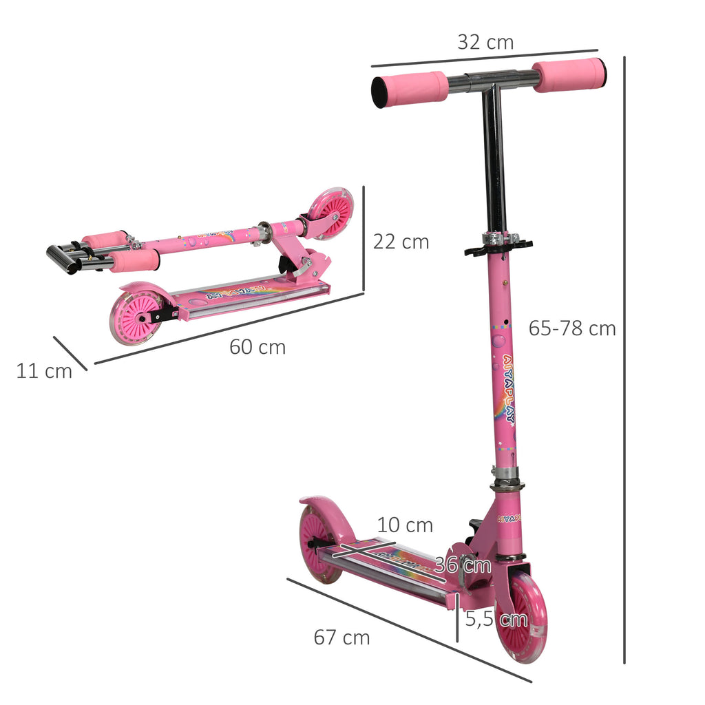HOMCOM Kinderroller für Kinder von 3 bis 7 Jahren klappbar mit leuchtenden PU-Rädern Musik 67 x 32 x 78 cm Rosa