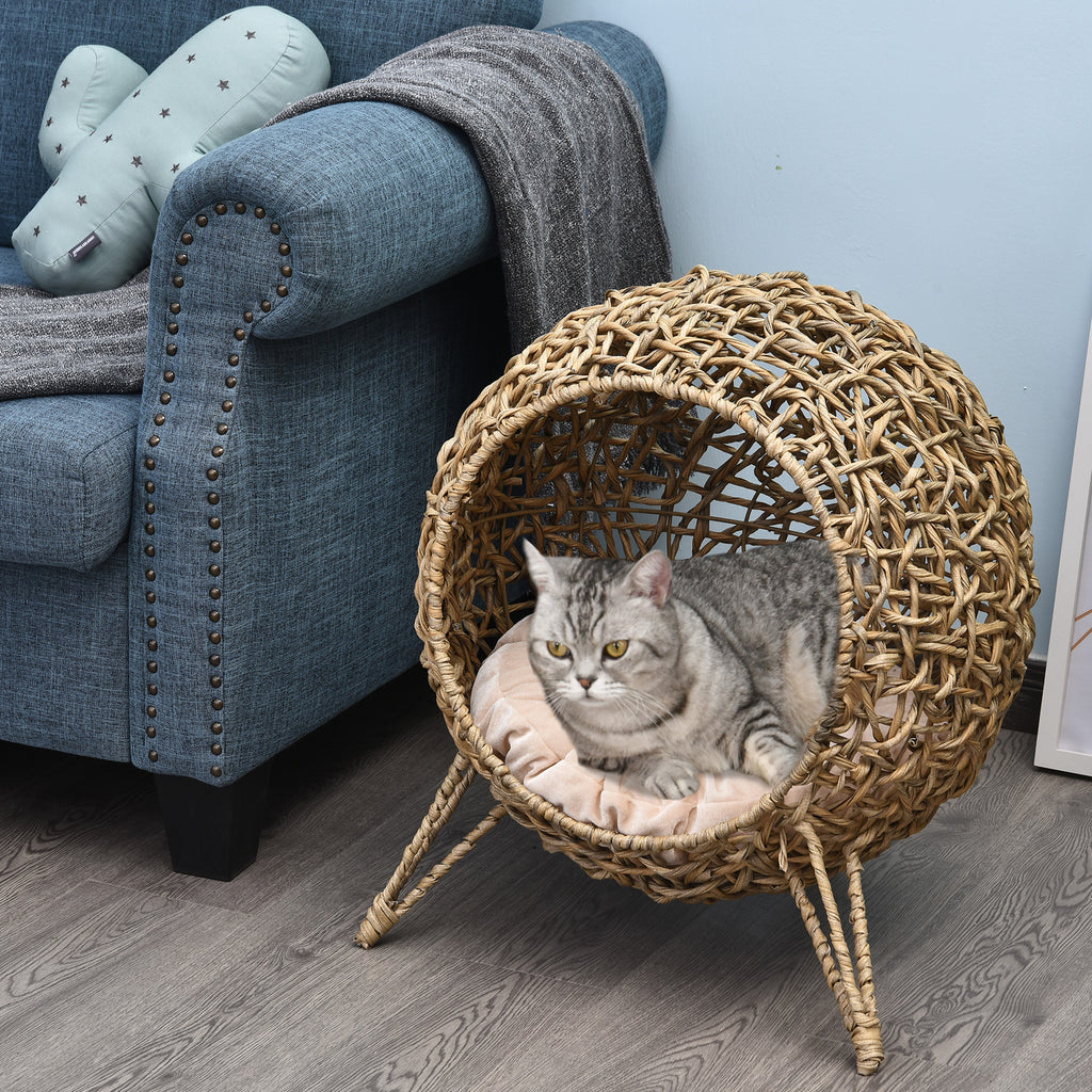 PawHut Katzenhaus aus Rattan mit Kissen Katzenschlafplatz Katzenhöhle mit erhöhten Füßen Natur Ø52 x 58 cm