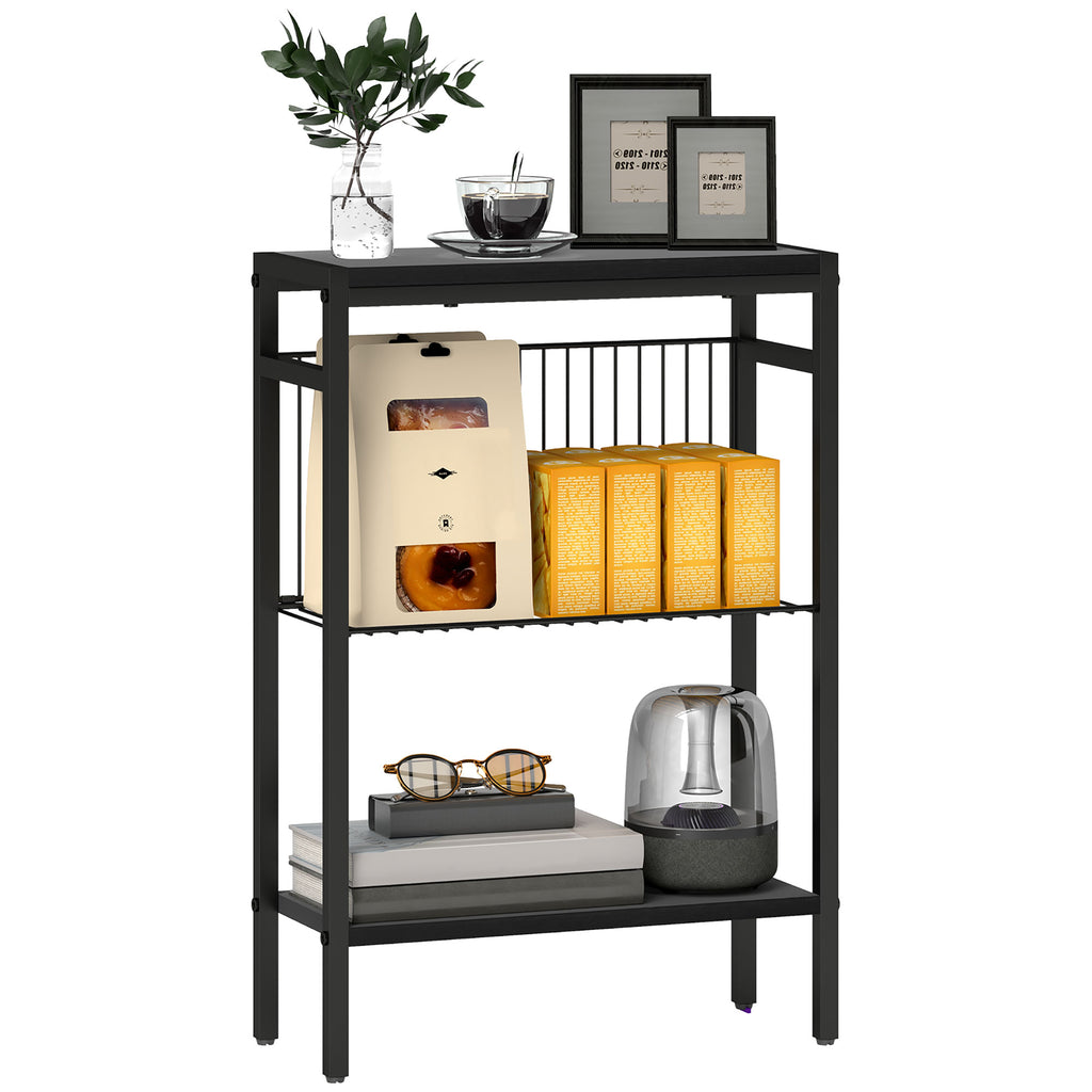 HOMCOM Beistelltisch, 3-stufiges Design, Regale in Holzoptik, Stahlrahmen, Schwarz