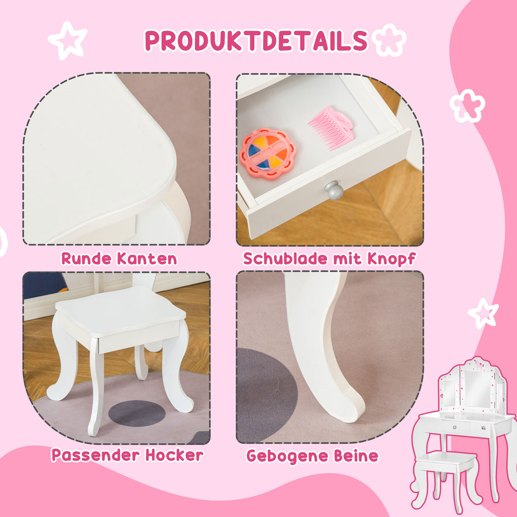 HOMCOM Kinderschminktisch mit Hocker Frisiertisch Frisierkommode mit Schublade Spiegel für Mädchen Akryl Rosa+Weiß 63 x 40 x 85,5 cm