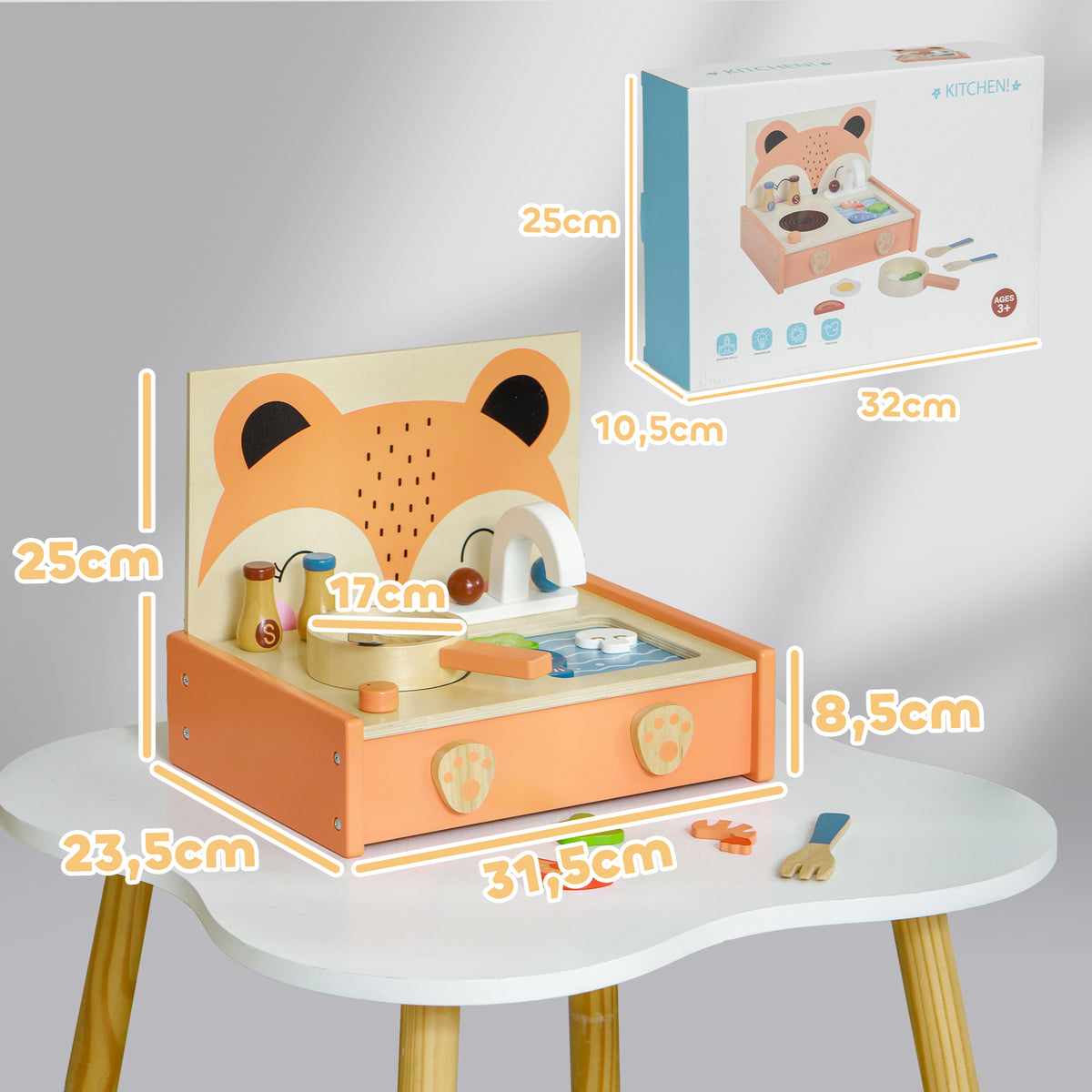 AIYAPLAY Kinder Mini-Küche aus Holz Spielzeug mit 12 Zubehörteilen Pfanne Pfannenwender Gewürzflaschen Obst Gemüse - für 3-5 Jahre -