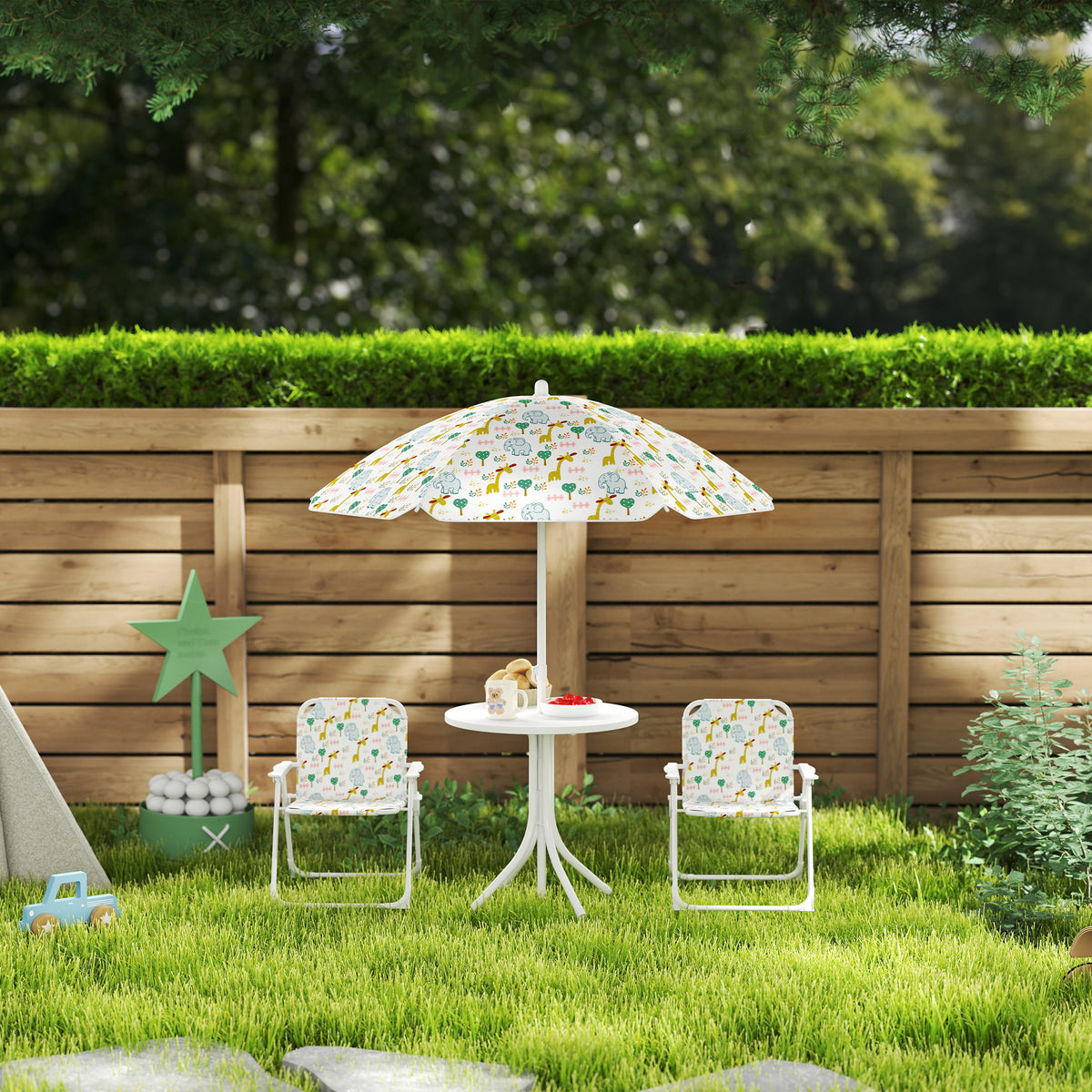 AIYAPLAY Kinder-Sitzecke, Klappstuhl-Sitz-Set mit Sonnenschirm, Buntes Muster, Weiß