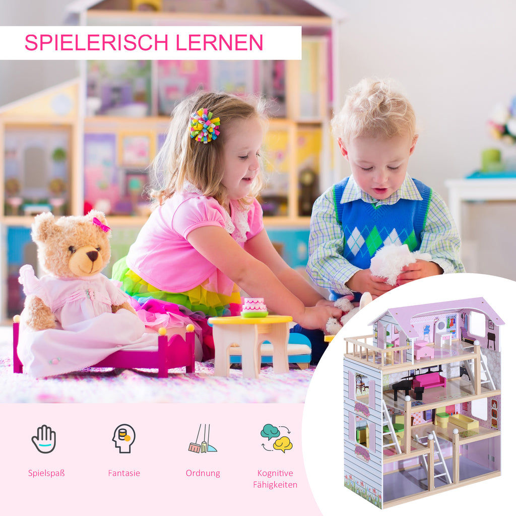HOMCOM Puppenhaus aus Holz Puppenvilla für Kinder ab 3 Jahren Puppenstube Dollhouse 4 Etagen mit Möbel und Zubehör Spielzeug 60 x 30 x 80 cm