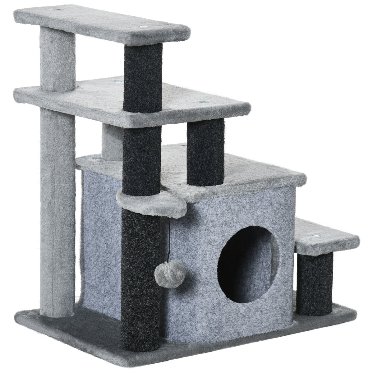PawHut Kratzbaum, Tiertreppe, 4 Stufen, Spielball, Häuschen, höhenverstellbar, schwarz+grau, 60 x 40 x 66 cm