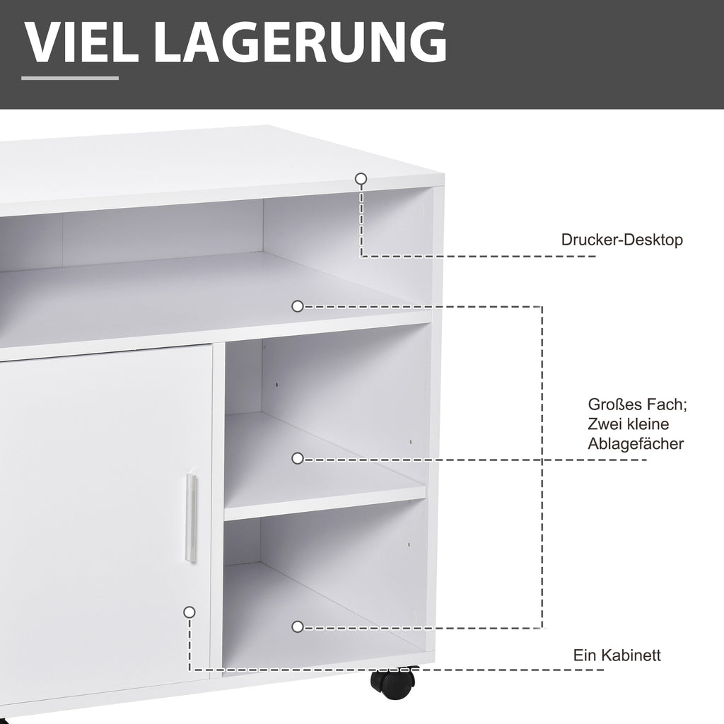 HOMCOM Druckerständer Druckertisch Bürowagen Rollwagen mit Schrank+Regale Spanlatte Weiß 60 x 50 x 65,5 cm
