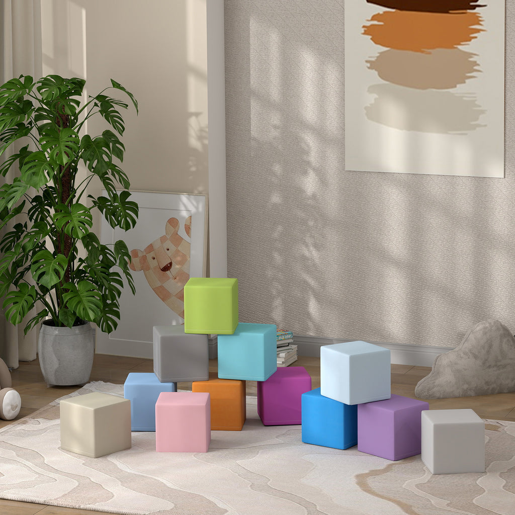 HOMCOM Set 12 Weiche Spielzeugwürfel für Kinder 12-36 Monate aus PU und EPE, 20x20x20cm, Dunkelbunt