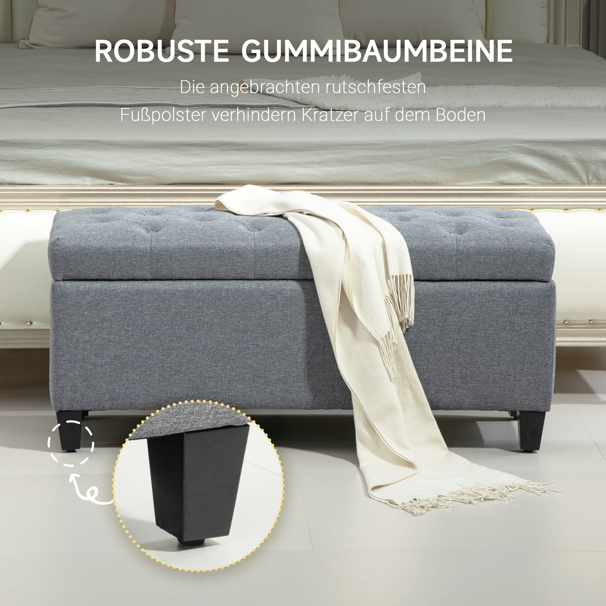 HOMCOM Sitzbank, Polsterbank mit Stauraum, leinenartiges Polyester, Kautschukholz, 100 x 40 x 44 cm, Hellgrau