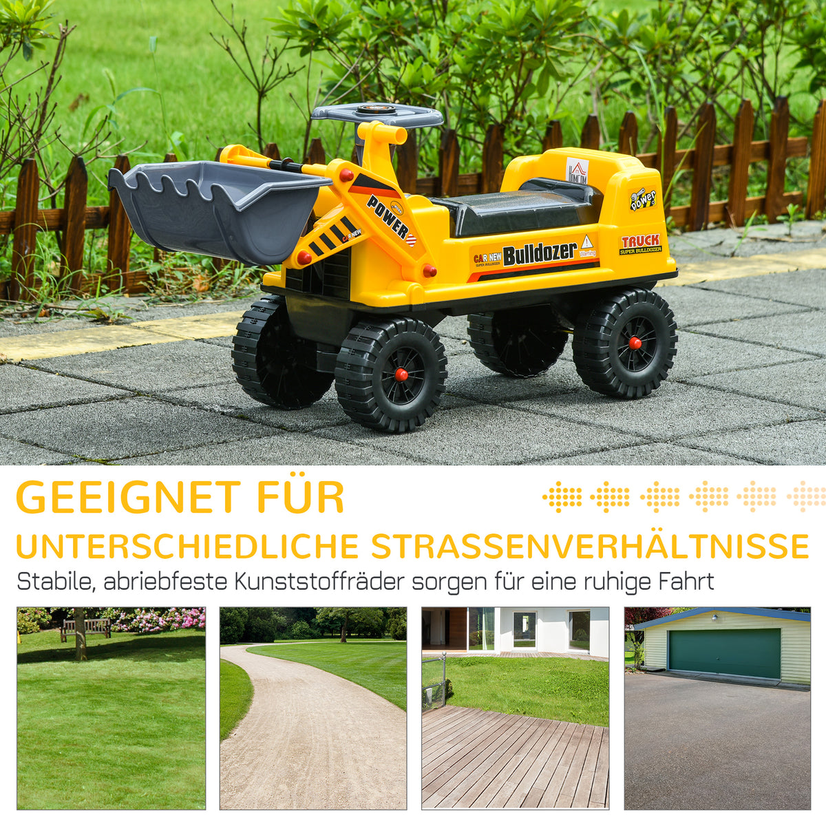 HOMCOM Sitzbagger für Kinder Rutsch Auto Sandspielzeug Rutscherfahrzeug für Kinder 2-3 Jahre PP-Kunststoff ABS Gelb+Schwarz+Grau 70 x 26 x 37 cm
