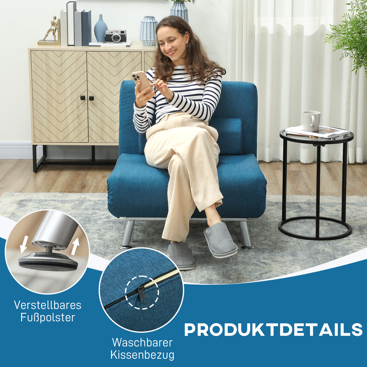 HOMCOM Klappsessel mit Bettfunktion, klappbarer Relaxsessel in Leinenoptik, Verstellbare Rückenlehne, 75 x 70 x 75 cm, Blau