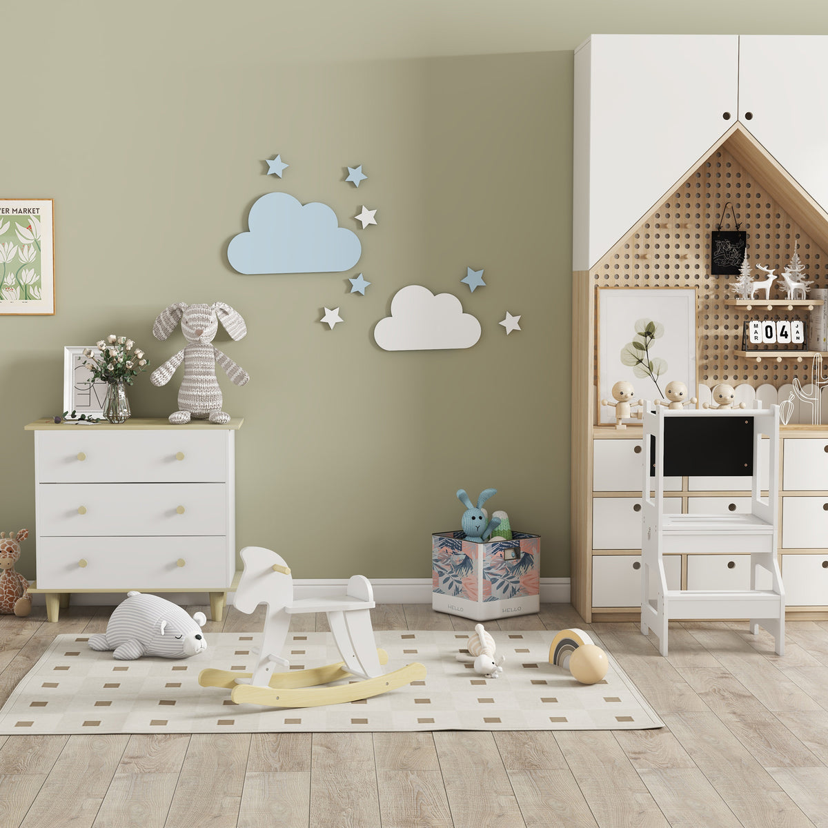 HOMCOM Lern- und Malstuhl mit Kreidetafel und 3-in-1 Schreibtischhockerfunktion - rutschfeste Stufen, Sicherheitsbügel, hohe Stabilität - MDF Weiß Schwarz