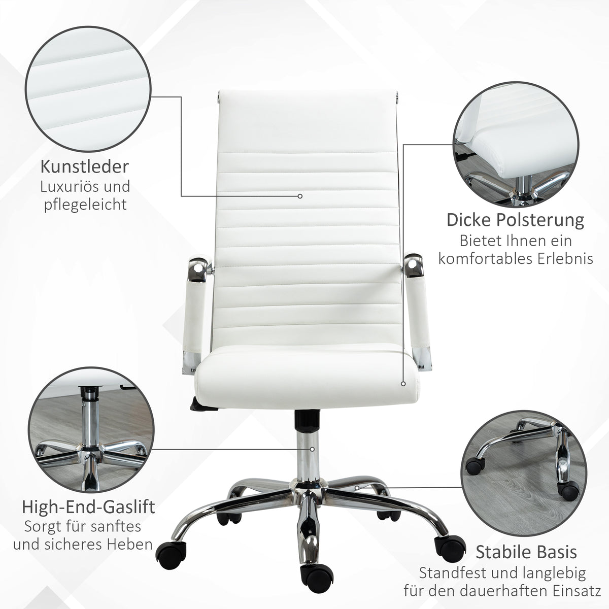 Vinsetto Bürostuhl ergonomischer Schreibtischstuhl mit Wippfunktion Chefsessel höhenverstellbarer Drehstuhl gepolstert Kunstleder Schaumstoff Weiß 54 x 62 x 104-114 cm