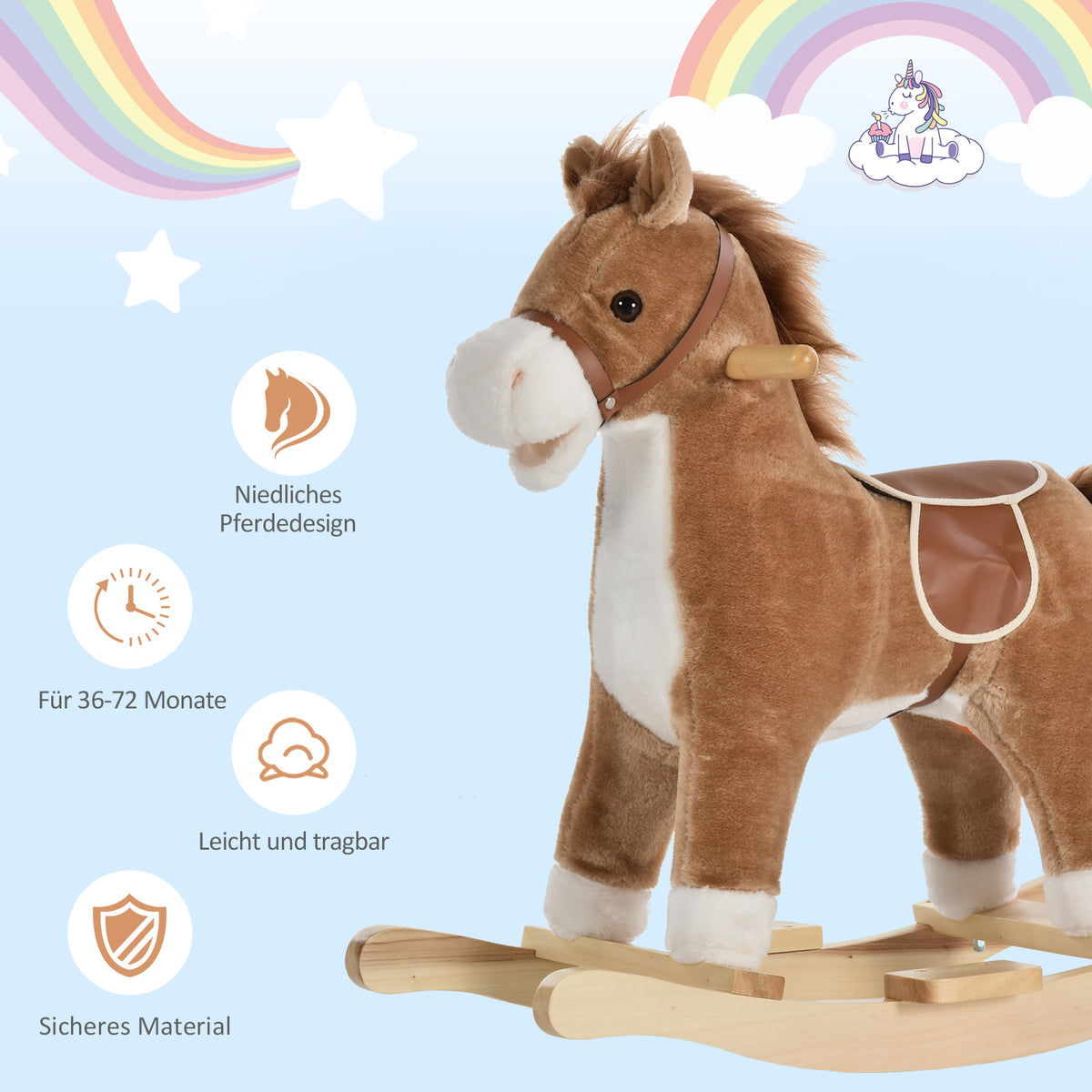 HOMCOM Kinder Schaukelpferd Baby Schaukeltier Pferd mit Tiergeräusche Spielzeug Haltegriffe für 36-72 Monate Plüsch Braun 65 x 32,5 x 61 cm