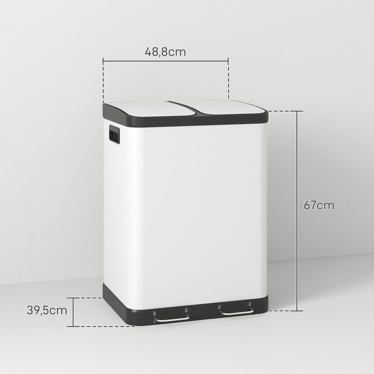 HOMCOM Küchenabfalleimer 2 x 30L mit Pedal aus Edelstahl, 2 Fächer, sanft schließender Deckel, 60L, weiß