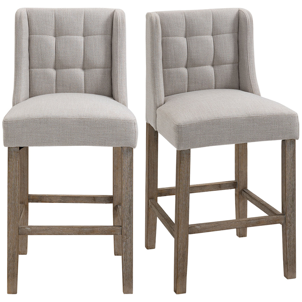 HOMCOM 2er-Set Barhocker mit lehne Barstühle mit Knopfheftung, Massivholz, inkl. Fußstütze, 47 cm x 50 cm x 101 cm, Grau + Natur