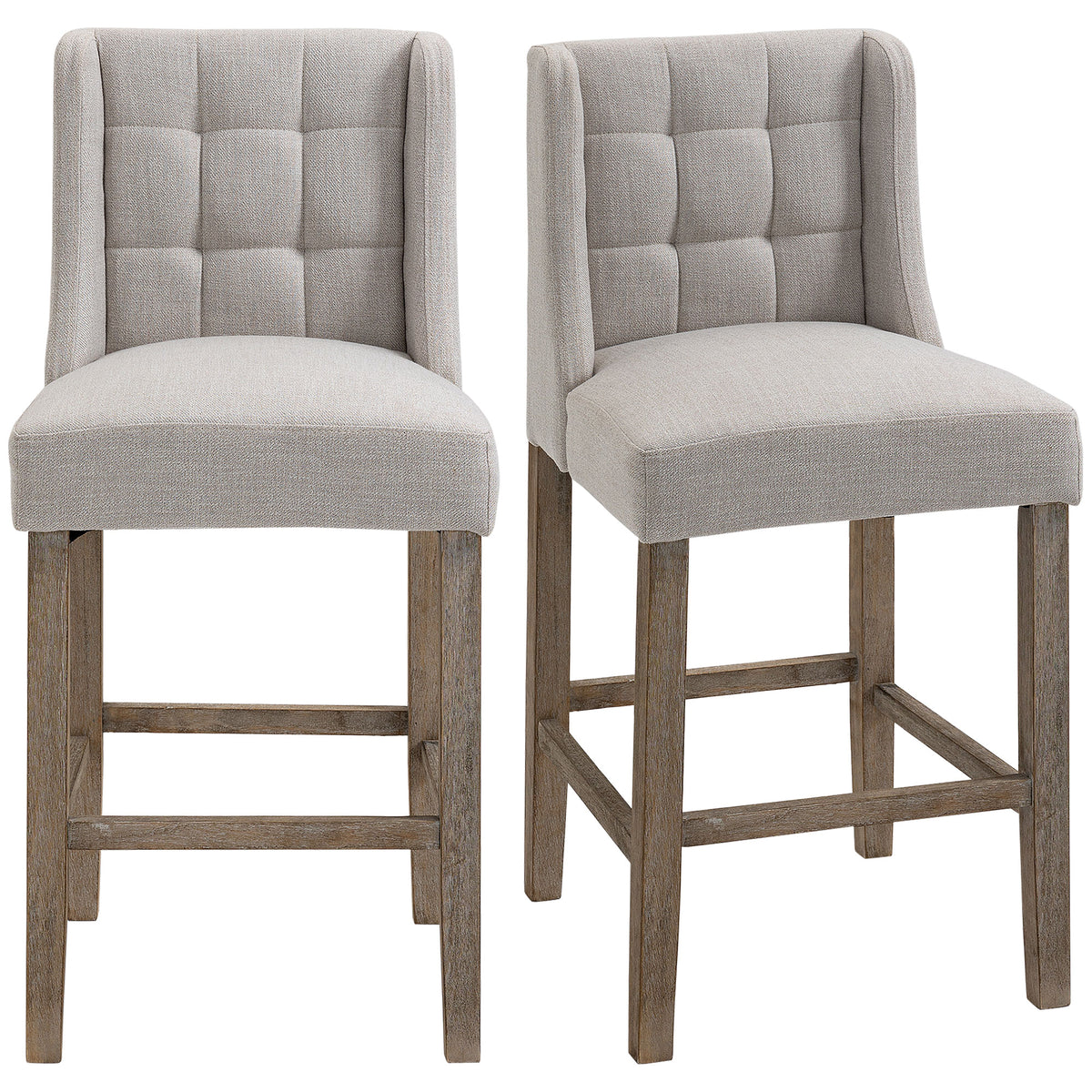 HOMCOM 2er-Set Barhocker mit lehne Barstühle mit Knopfheftung, Massivholz, inkl. Fußstütze, 47 cm x 50 cm x 101 cm, Grau + Natur