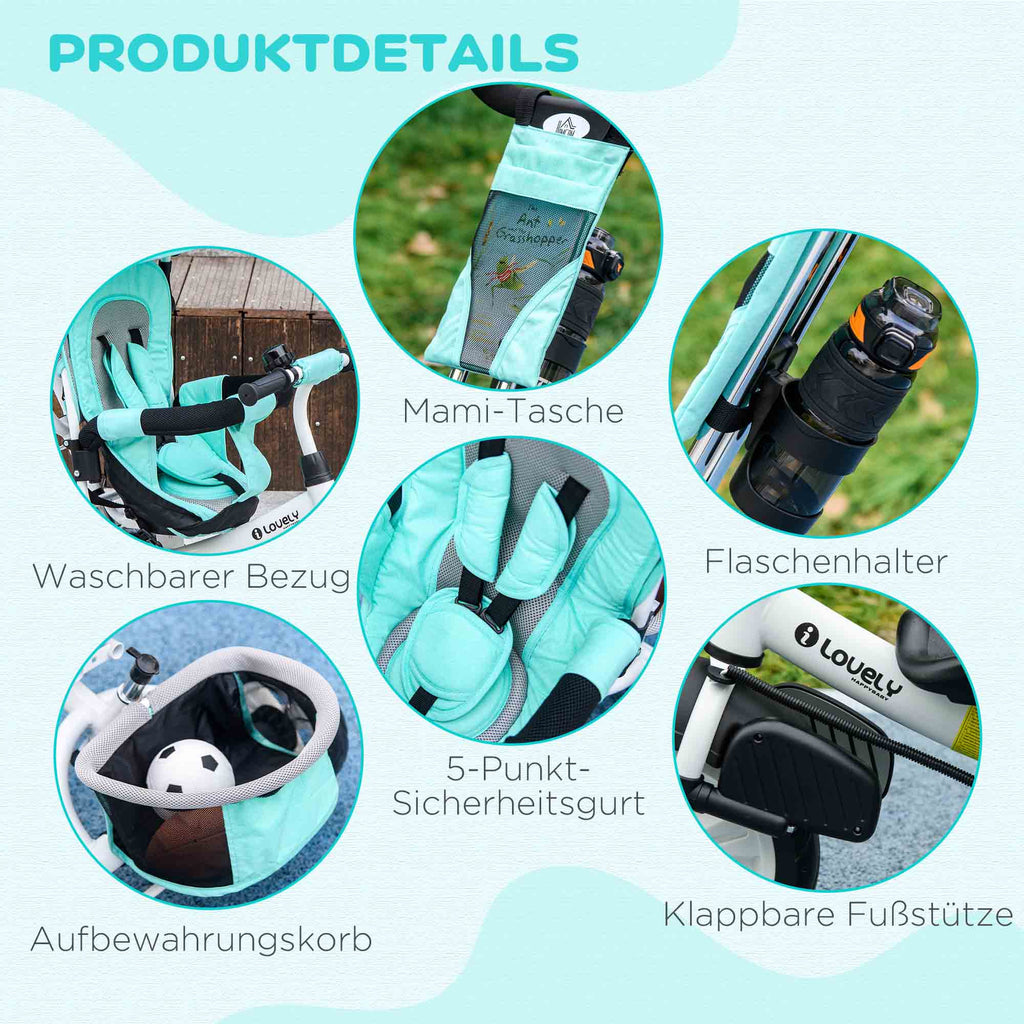 HOMCOM Kinder-Dreirad, Kinderfahrrad, Rückenkorb, Becherhalter, Sonnendach, Metall, Grün