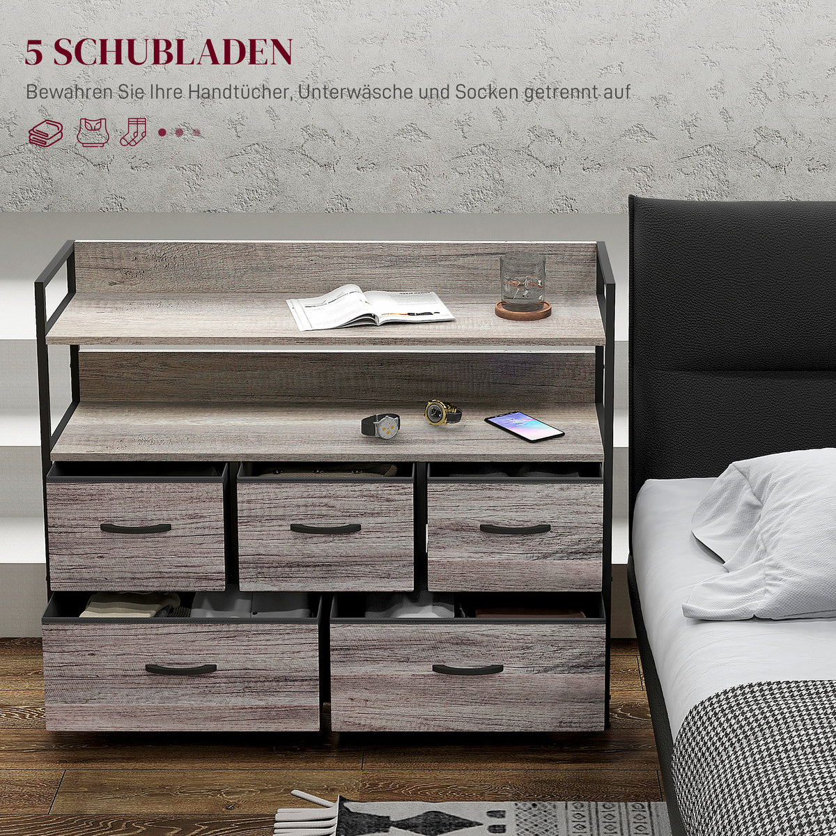 HOMCOM Stoff-Kommode, 5 faltbare Schubladen, 2 Regale, Stahlrahmen, 98 x 29 x 85 cm, Grau