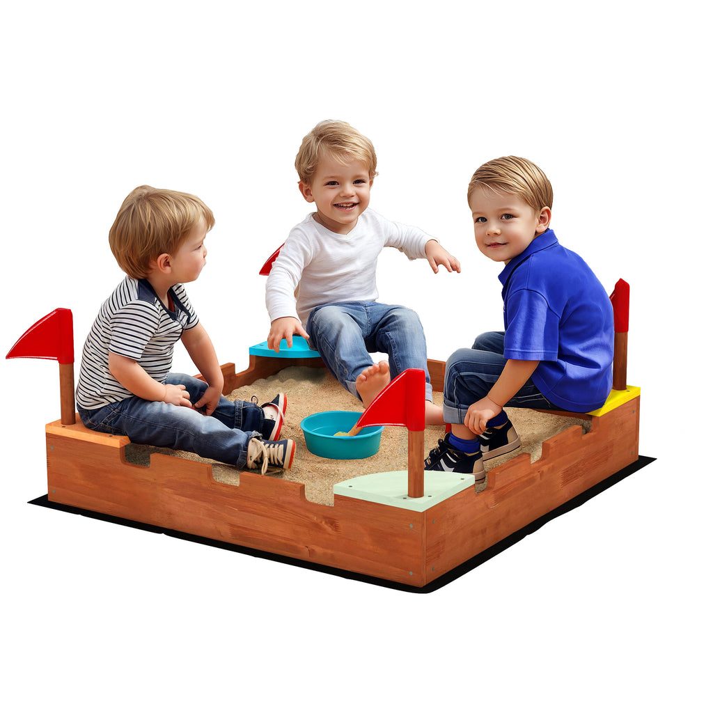 AIYAPLAY Sandkasten für Kinder 3-7 Jahre in Form eines Schlosses aus Fichtenholz, 90x90x17 cm, Mehrfarbig