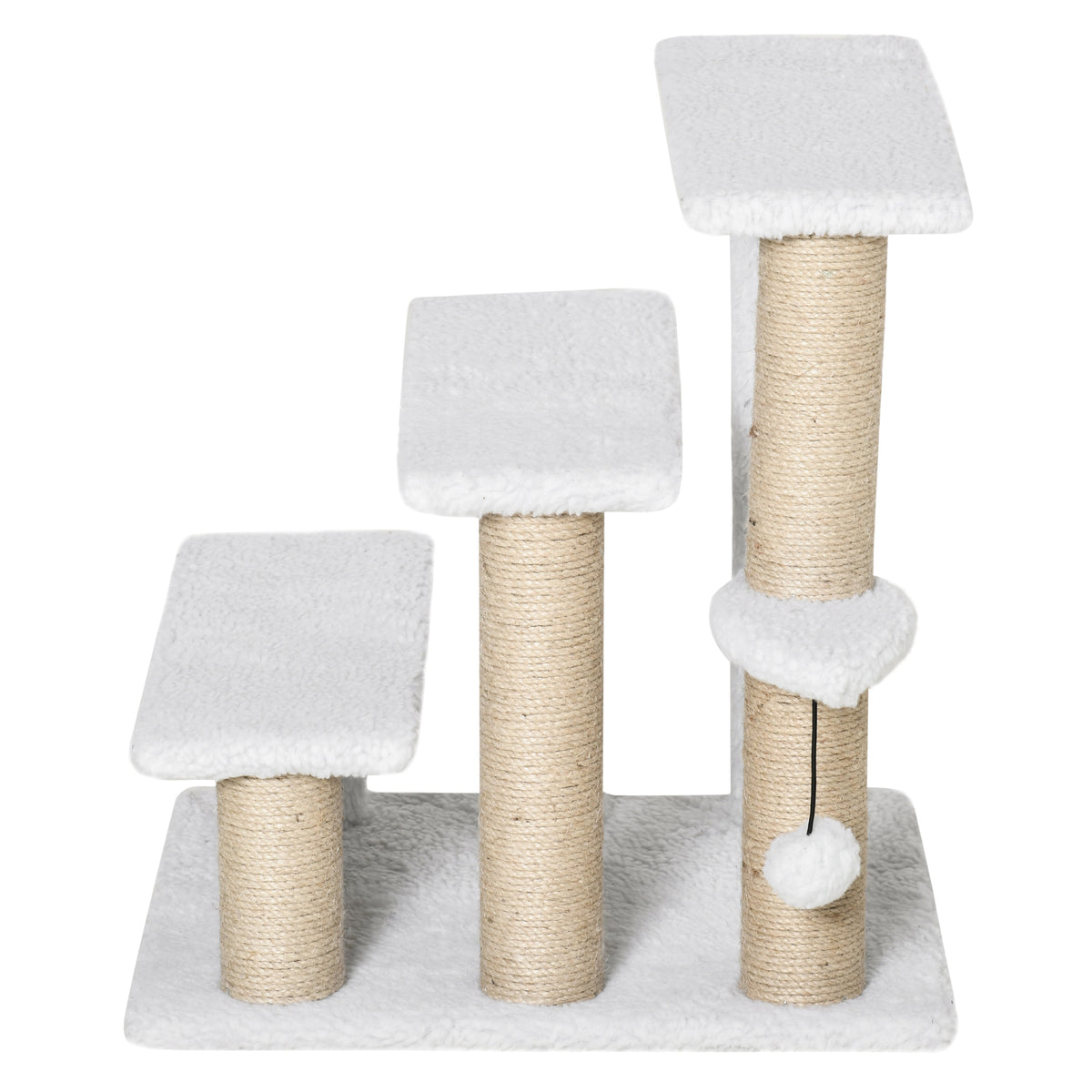 PawHut Katzentreppe 3-stufige Haustiertreppe mit Kratzsäulen Ball Hundetreppe Tiertreppe für Katzen bis 5 kg Plüsch Jute Weiß 45 x 40 x 48 cm