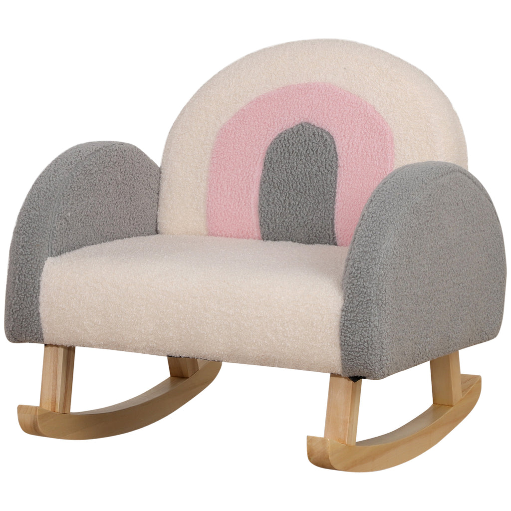 HOMCOM Schaukelstuhl für Kleinkinder, niedliches Design, Schaffell-Imitat, Eukalyptusholz, 50 x 45 x 44cm, grau+rosa+creme