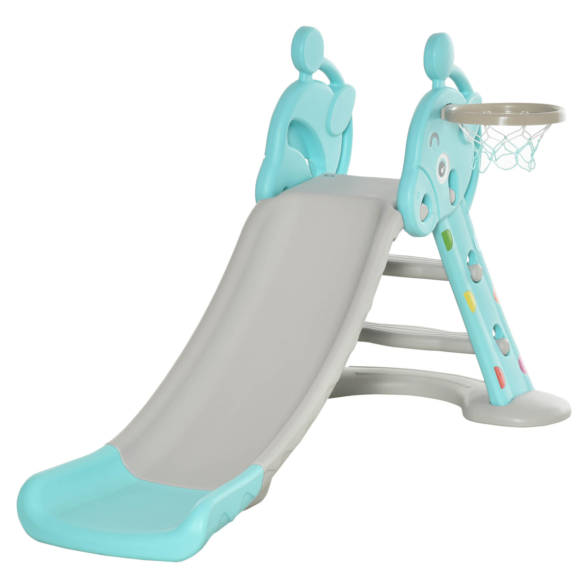 HOMCOM Kinderrutsche mit Basketballkorb faltbare Spielzeugrutsche mit verlängerter Heckkissen Dreiecksstruktur HDPE PP Hellblau+Grau 147 x 82 x 85,5 cm